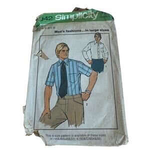 Simplicity 7942 Sewing Pattern Mens Dress Shirt Size 44,46,48,50 c.1977